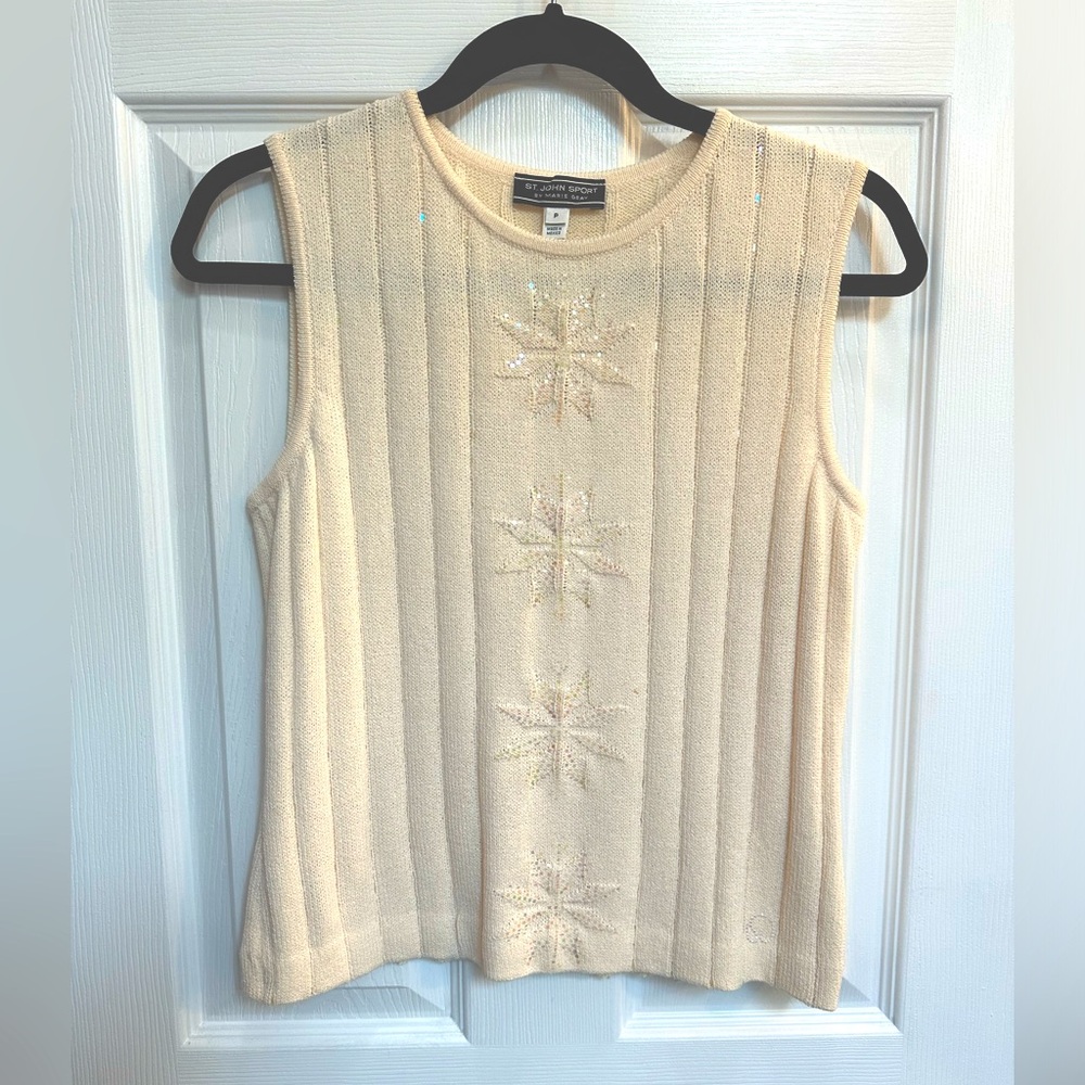 St John Sport shell in ivory with iridescent snowflakes and sparkles throughout